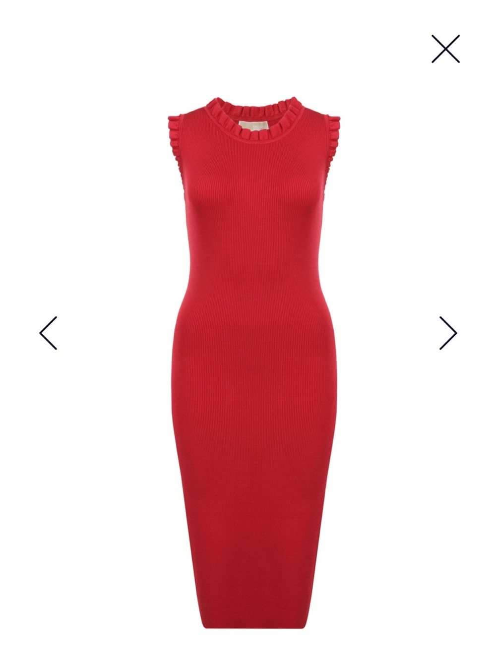 Michael Kors Red Sleeveless Ribbed Midi Dress with Ruffle Neckline